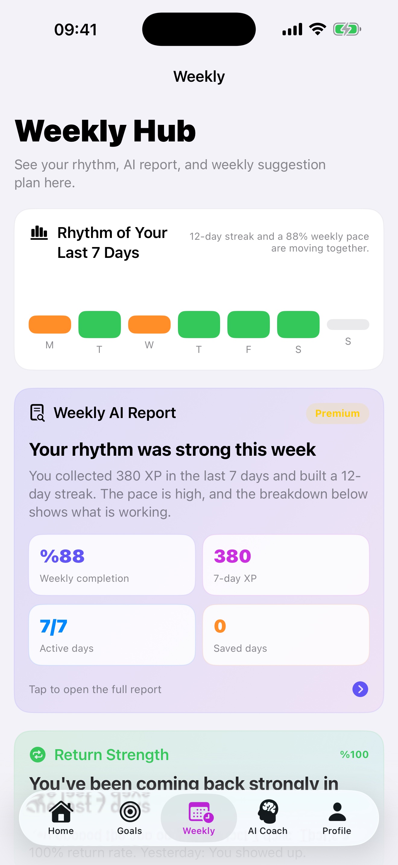Habit Rhythm AI weekly report screen